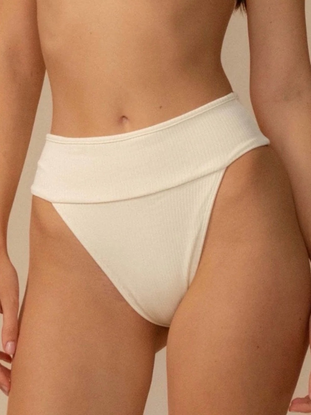 Montce Fold-Over High Waist Ribbed Bikini Bottom in Off-White